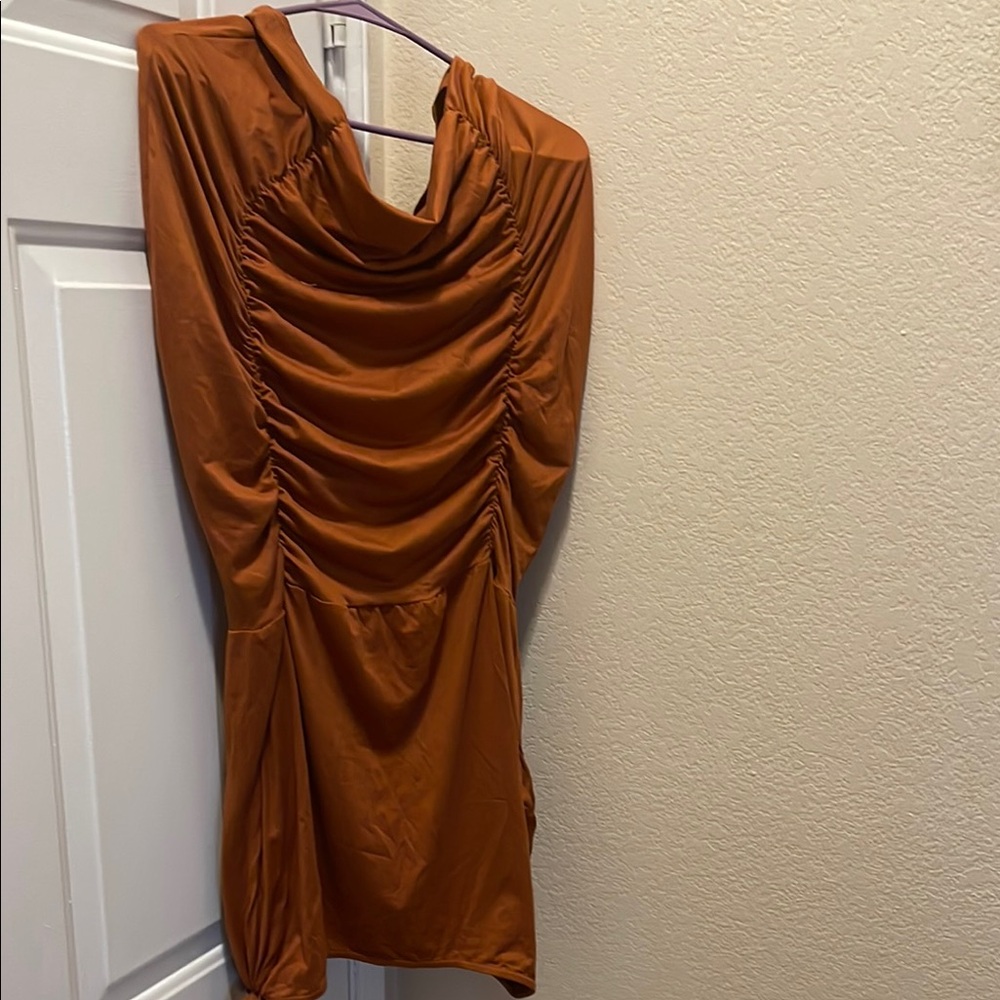 Ruched Satin Mini Dress in Rust